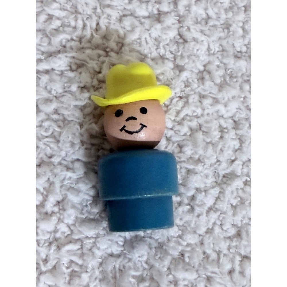 Vintage Fisher Price Little People Wood Cowboy Figure Yellow Hat Blue Body